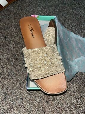 Forever 21 Cream Pearl-Embellished Slide Mule